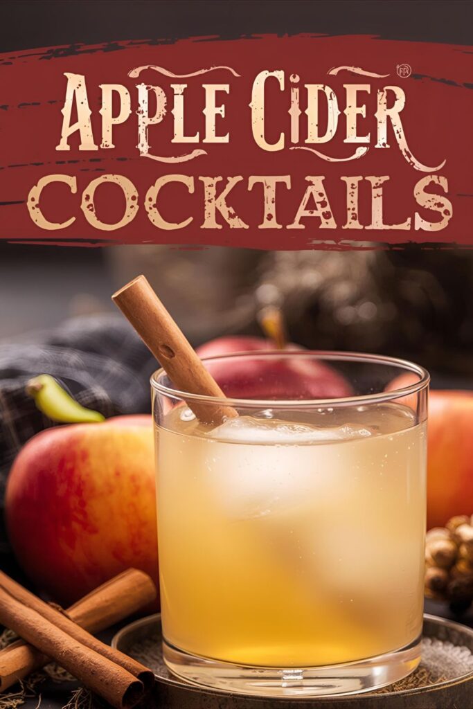 A beautiful text overlay "Apple Cider Cocktails" in a warm, rustic font, set against a background of a golden-hued cocktail in a glass with a cinnamon stick garnish on a wooden table.