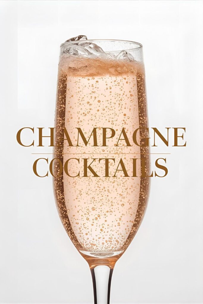 An elegant and celebratory text overlay "Champagne Cocktails" in gold foil font, against a background of a sparkling cocktail in a flute with rising bubbles.