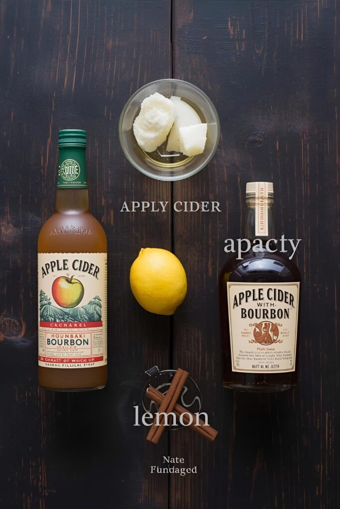 A simple, organized collage of the ingredients for an apple cider cocktail. The image shows a bottle of apple cider, a bottle of bourbon, a lemon, a bottle of maple syrup, and a cinnamon stick arranged on a dark, rustic wooden surface.
