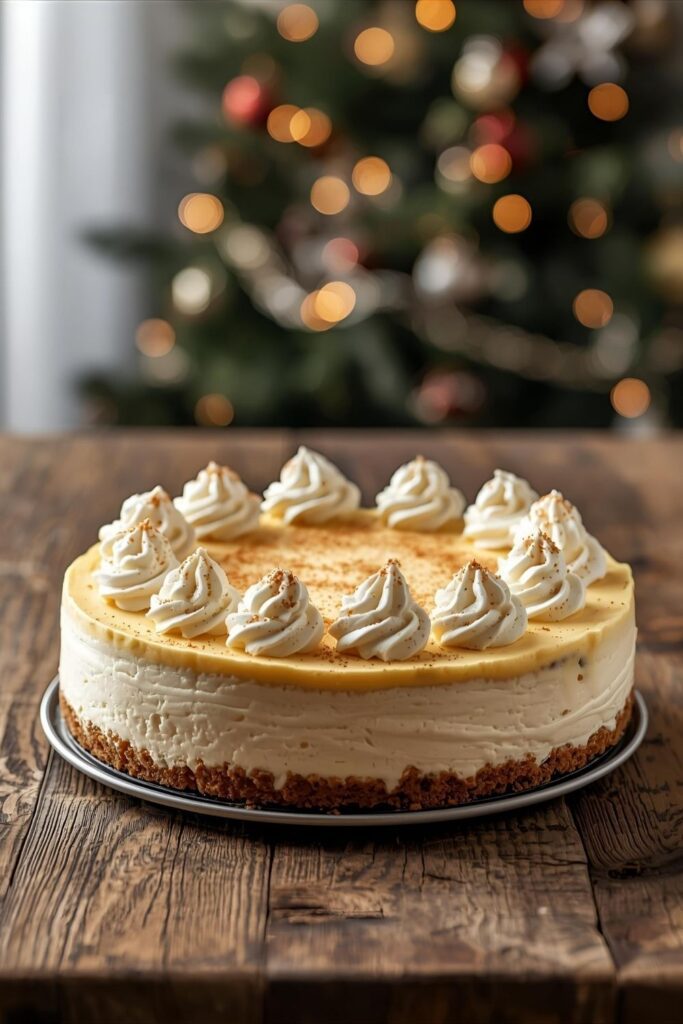 A 9:16 professional food photograph of a fully decorated whole eggnog cheesecake, topped with whipped cream swirls and nutmeg, on a rustic wooden table with a blurred festive Christmas tree and warm lights in the background.