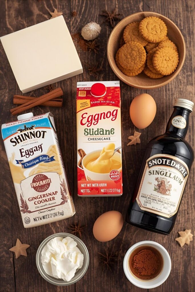 A vibrant 9:16 flat-lay photo collage displaying eggnog cheesecake ingredients: cream cheese blocks, carton of eggnog, gingersnap cookies, eggs, dark rum bottle, cinnamon sticks, and whole nutmeg on a rustic wooden surface.