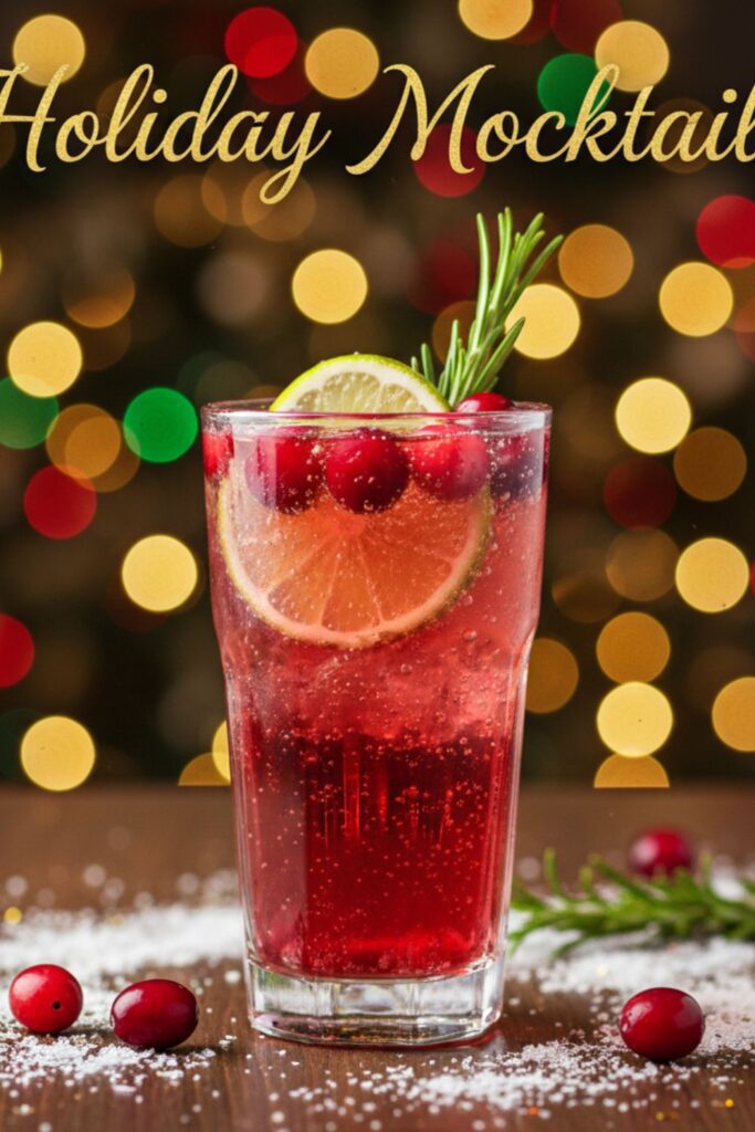A stunning, vibrant Holiday Mocktails text overlay in white festive script font, with a background of a sparkling mocktail in a beautiful glass garnished with cranberries and a rosemary sprig.