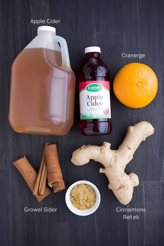 A top-down, rustic collage of the ingredients for a winter punch: a gallon of apple cider, cranberry juice, a whole orange, a handful of cinnamon sticks, fresh ginger, and brown sugar on a wooden table.