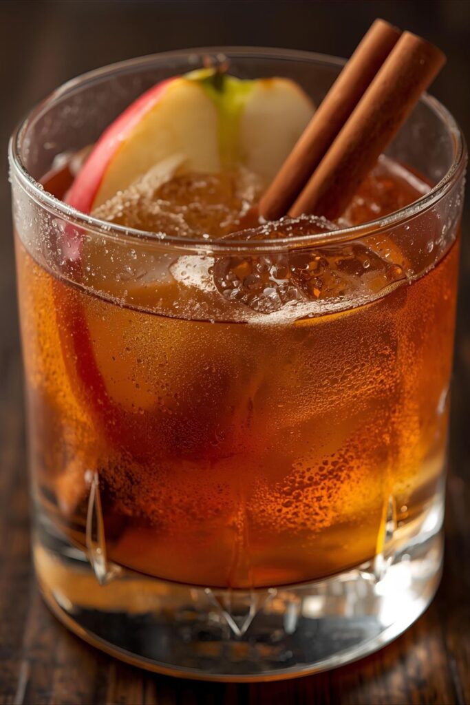 A close-up, high-quality photo of a Spiced Apple Cider Bourbon Smash. The focus is on the rich, amber color of the drink, the ice cubes, and the cinnamon stick garnish. A blurred background of fall leaves adds to the ambiance.