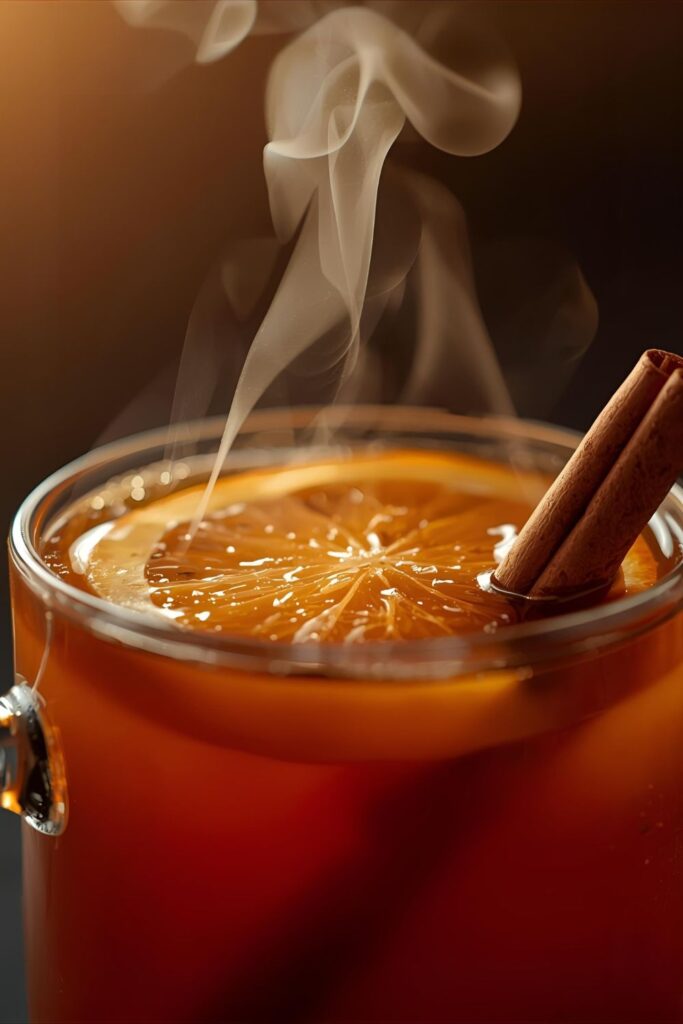 A close-up photo of a mug filled with a steaming winter punch. The focus is on the rich, deep red color of the drink, with a floating orange slice and a cinnamon stick. The background is blurred to create a cozy feel.