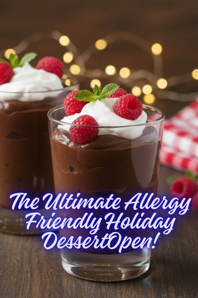 A recipe pin for allergy-friendly holiday recipes, showing elegant cups of chocolate mousse.