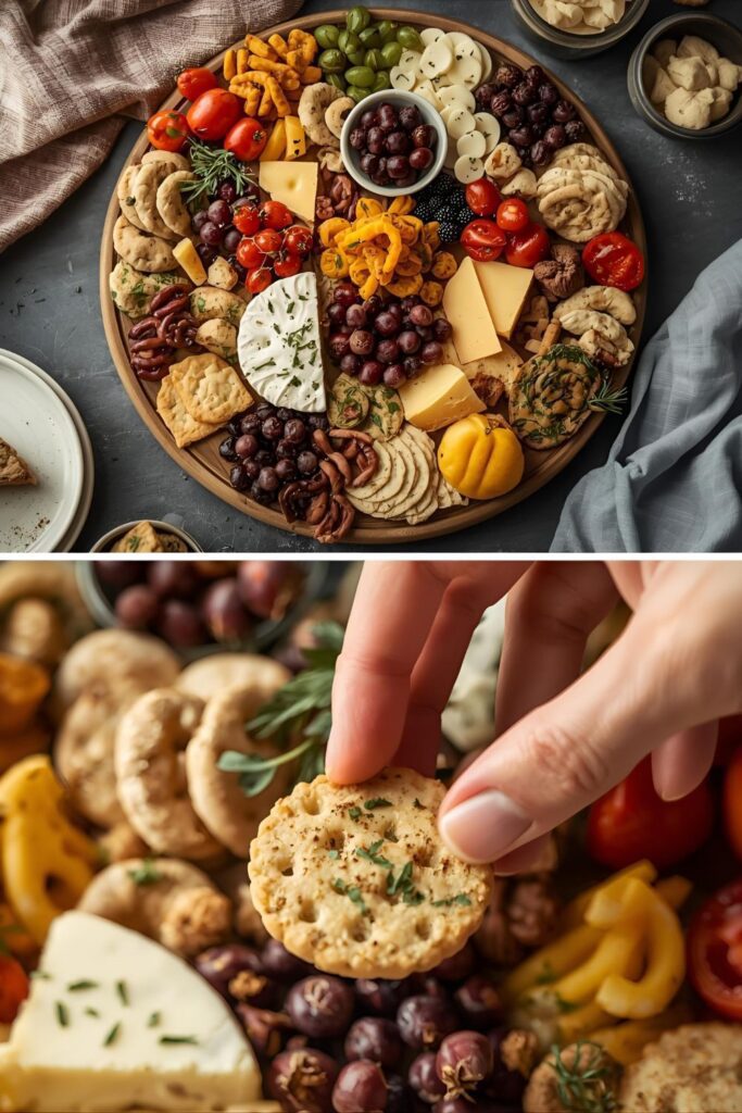 A two-panel image showing a fully assembled appetizer board, with a close-up shot of a hand grabbing a piece of food.
