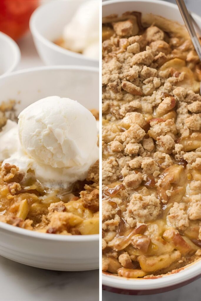 A side-by-side image showing a single serving of apple crumble with ice cream and a full view of the whole baked dish.