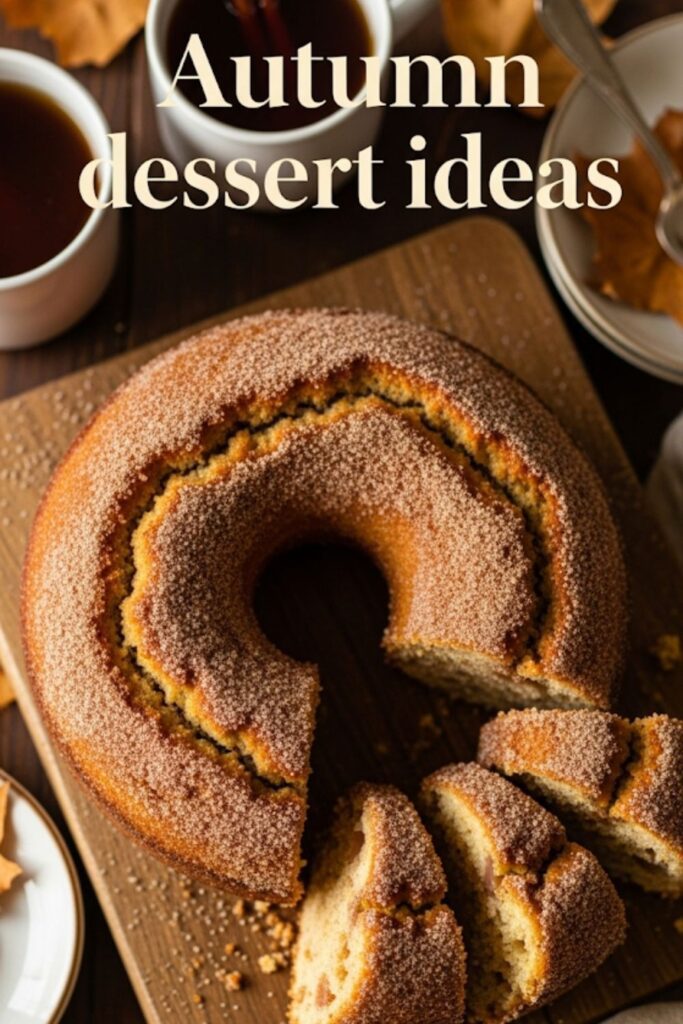 An overhead photo of a baked apple cider donut cake with a text overlay of the recipe name.