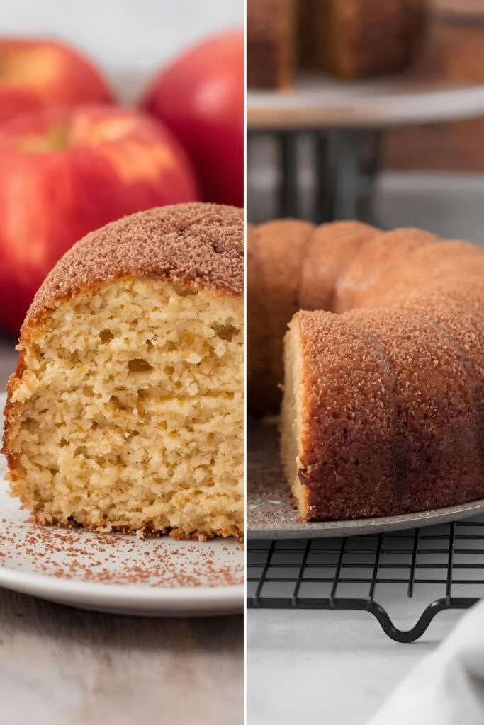 A side-by-side image showing a single slice of apple cider donut cake and a full view of the whole cake on a cooling rack.