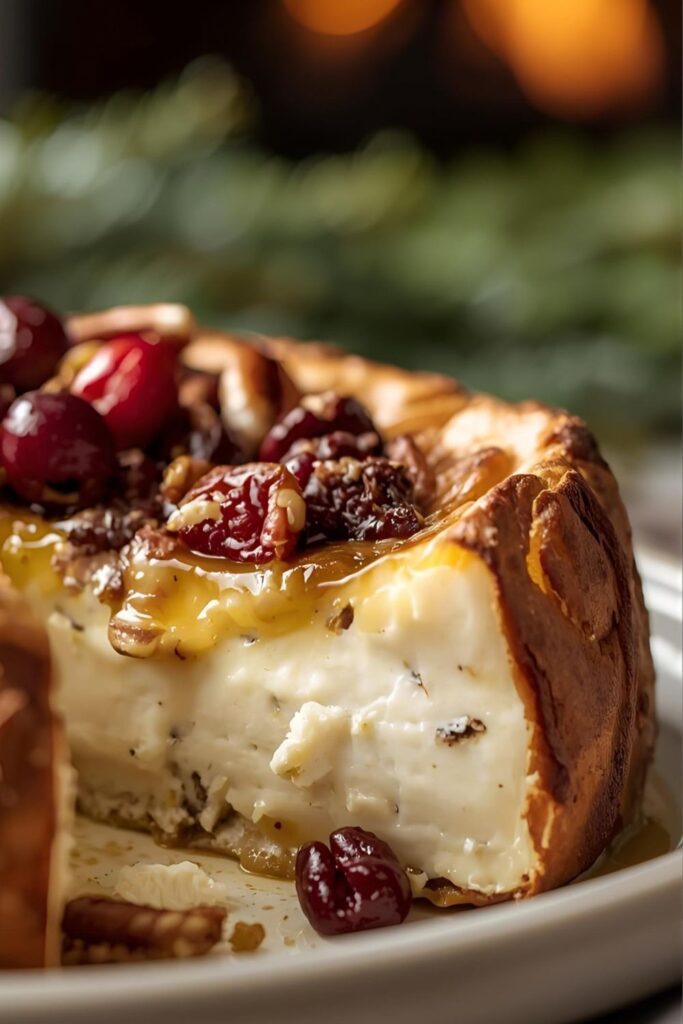 A close-up of a serving of baked cranberry-pecan brie on a plate, showing the creamy, melted interior and the toasted topping