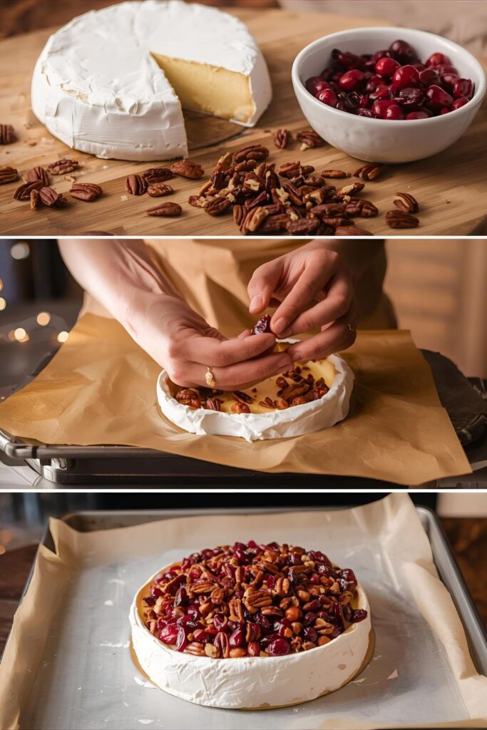 A collage showing the ingredients and steps for making baked brie, including a wheel of brie, cranberries, and the assembled cheese on a baking sheet.