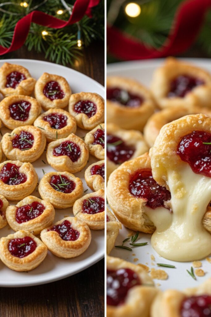 A platter of freshly baked cranberry brie bites, with a close-up shot showing the melted cheese and flaky crust.