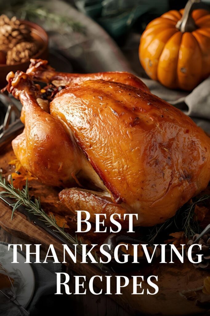 A beautiful text overlay image for Pinterest featuring a golden-brown roasted turkey on a platter with the text "Best Thanksgiving Recipes" in bold lettering.