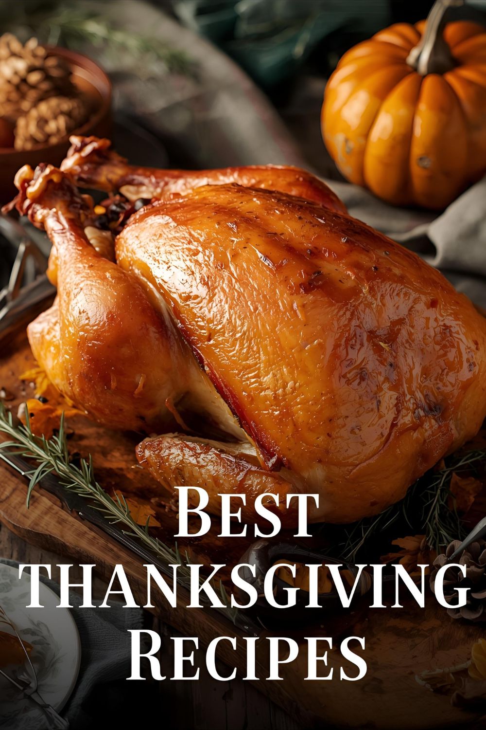 A beautiful text overlay image for Pinterest featuring a golden-brown roasted turkey on a platter with the text "Best Thanksgiving Recipes" in bold lettering.