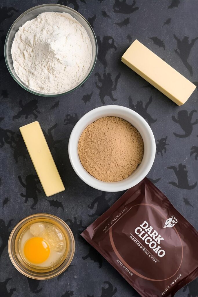 A flat-lay photo collage of the ingredients for a black magic cookies recipe.)