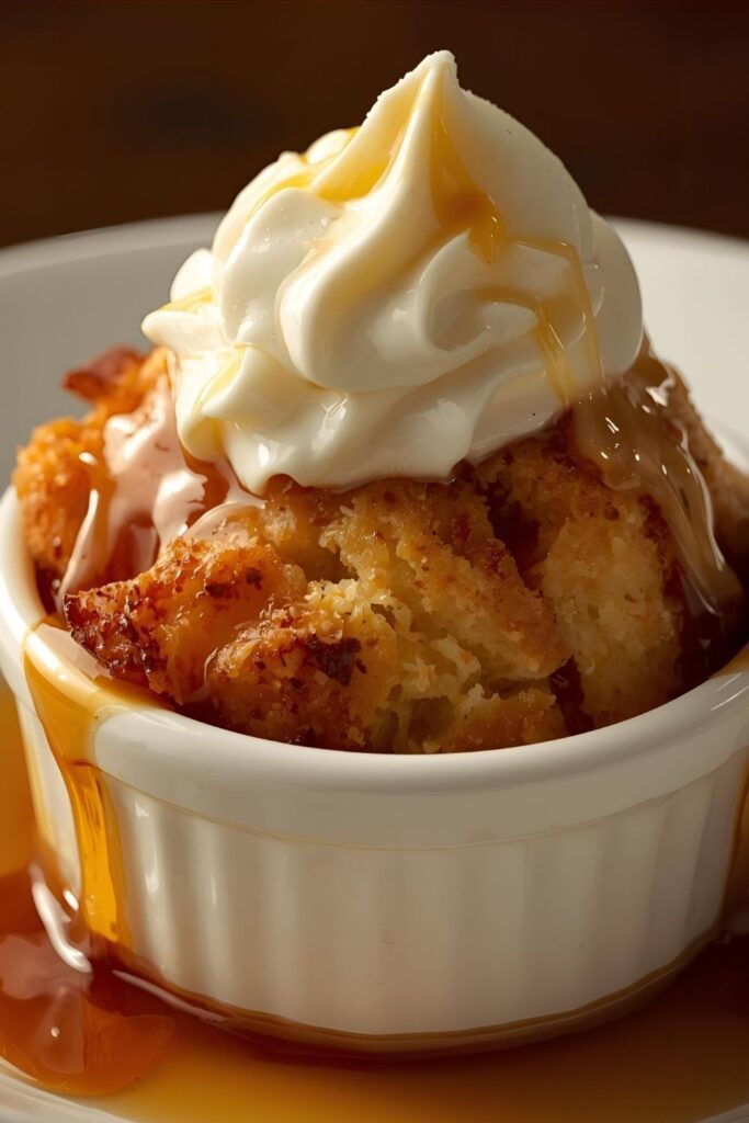 A close-up shot of a scoop of warm bread pudding in a bowl, with a rich bourbon sauce dripping down the sides and a dollop of whipped cream on top.