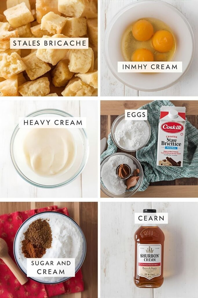 A flat lay of the main bread pudding ingredients: cubed stale brioche bread, eggs, heavy cream, milk, sugar, vanilla, and spices, with a small bottle of bourbon, arranged on a kitchen counter.