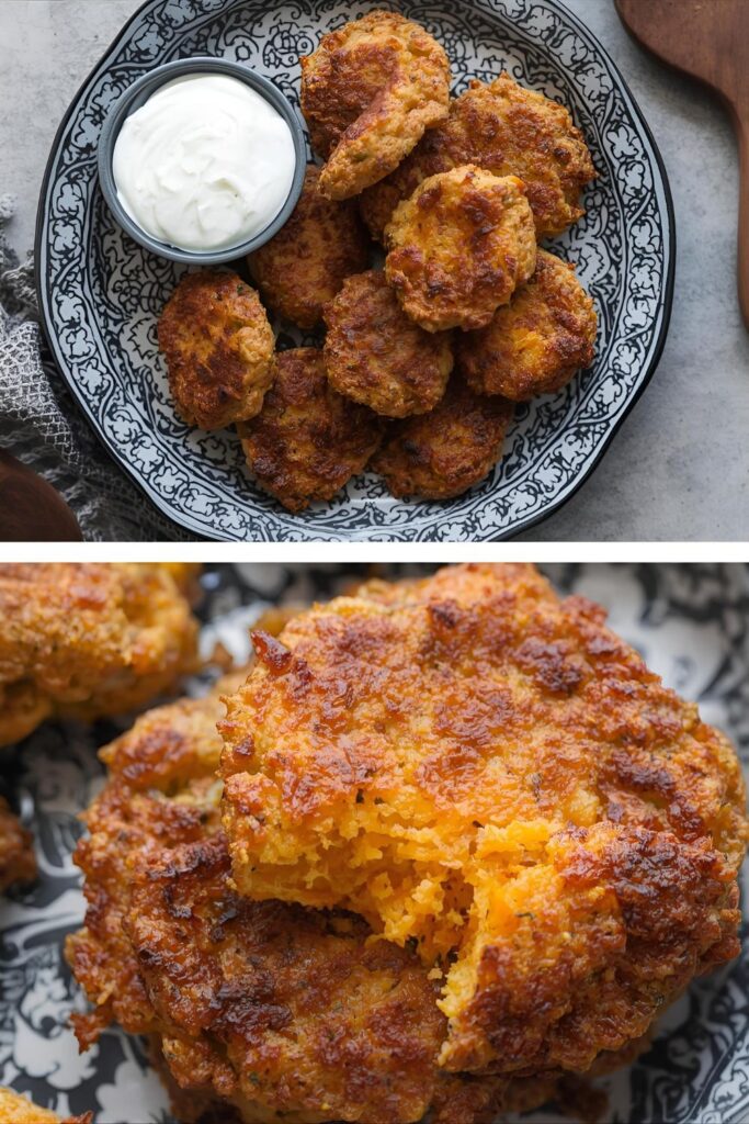 A two-panel image showing a platter of butternut squash fritters with a bowl of sour cream, and a close-up shot of a single fritter.