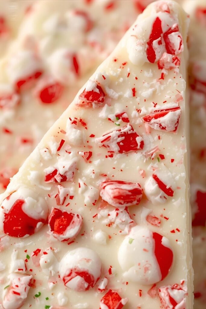 A close-up macro shot of a single piece of candy cane bark, showing the crunchy peppermint texture on top of the smooth white chocolate.