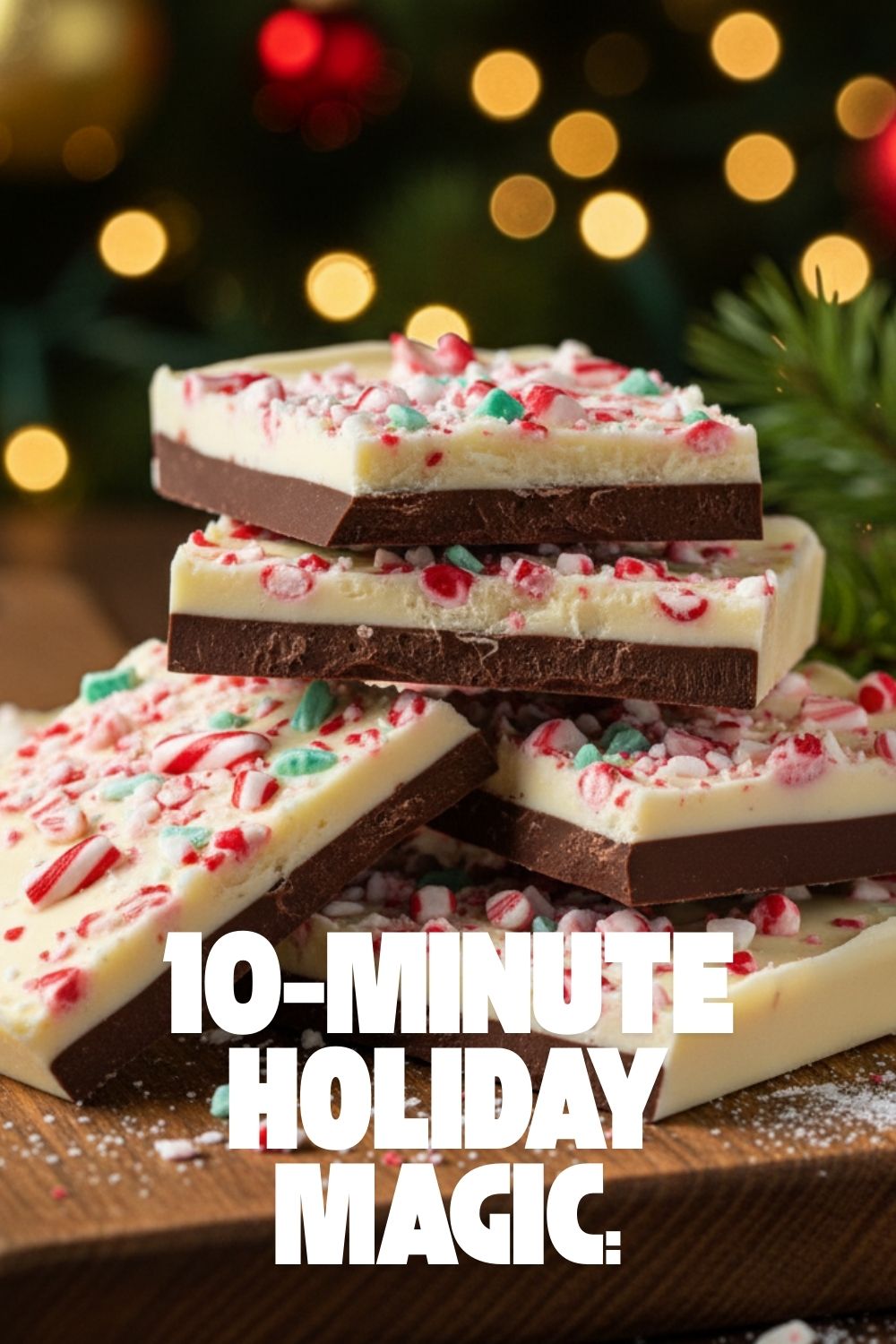 Pieces of candy cane bark with layers of dark and white chocolate, sprinkled with crushed peppermints, arranged on a festive platter.