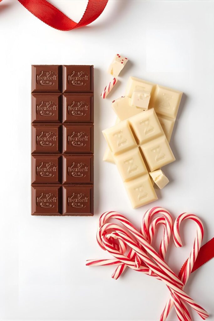 Ingredients for candy cane bark: bars of dark and white chocolate, and a pile of candy canes.