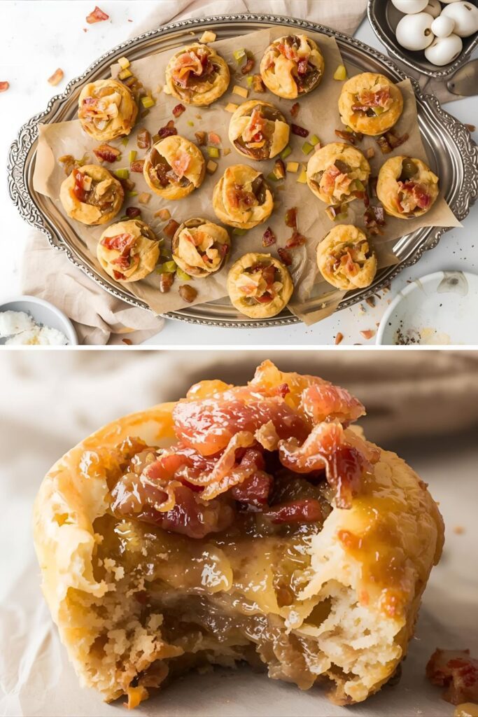  A two-panel image showing a platter of caramelized onion, apple, and bacon bites, with a close-up shot of a single bite.