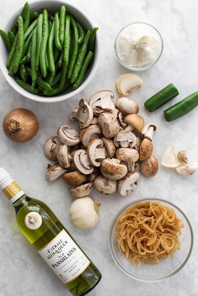 A collage of fresh ingredients for green bean casserole, including green beans, mushrooms, and onions.