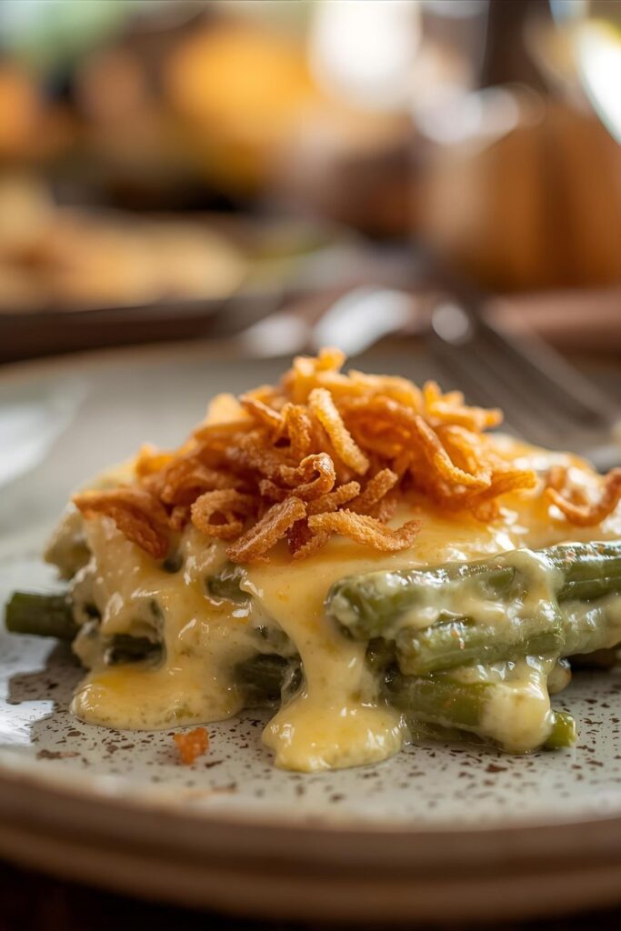 A close-up shot of a serving of a rich, cheesy green bean casserole on a plate, highlighting the creamy texture and crispy topping.
