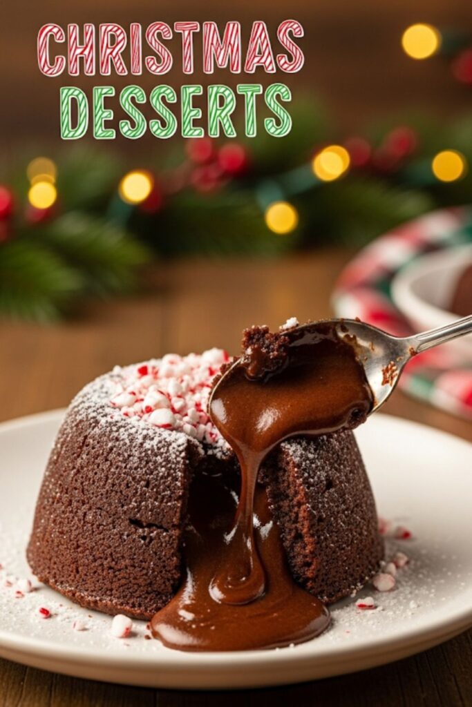 A close-up shot of a baked chocolate peppermint lava cake with its gooey center oozing out, garnished with crushed candy canes.)