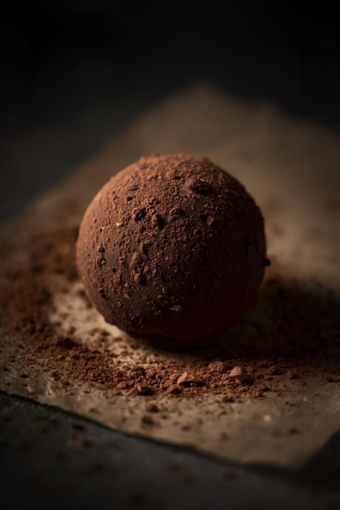 A close-up shot of a single festive truffle rolled in cocoa powder, showing its rich texture.