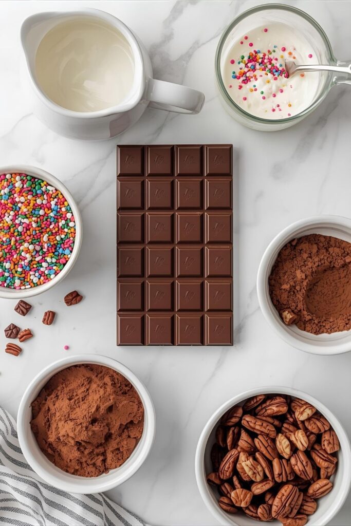  Ingredients for making festive truffles, including a bar of dark chocolate, heavy cream, and various toppings.