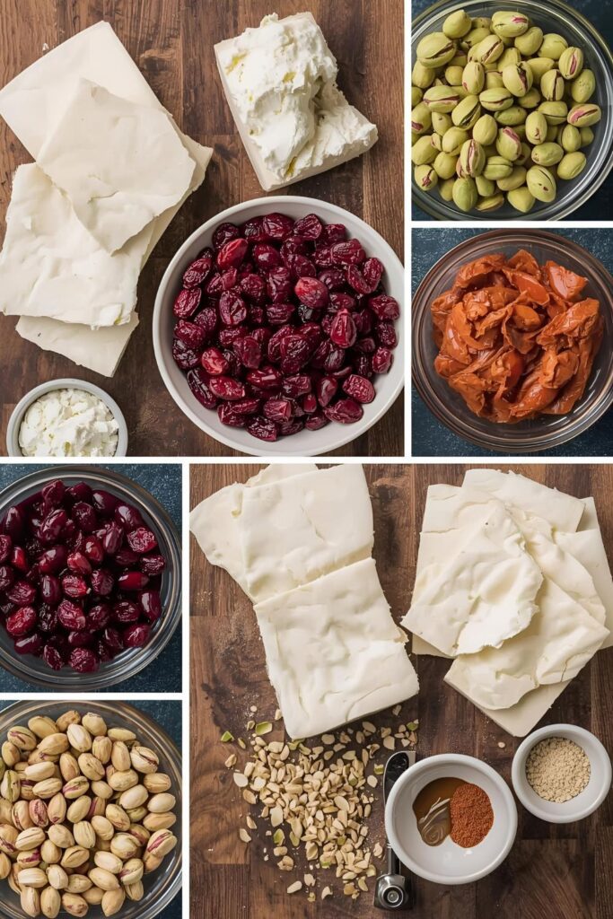 A collage of raw ingredients for a festive Christmas appetizer, including cream cheese, goat cheese, dried cranberries, and pistachios.