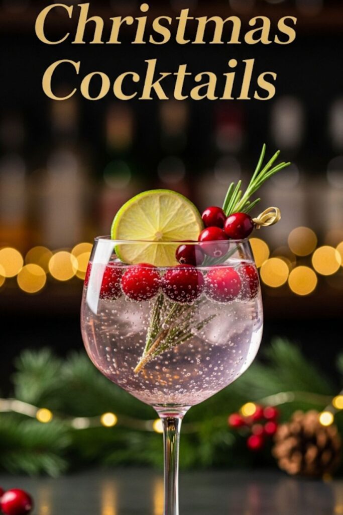 A photo of a sparkling cranberry gin fizz cocktail with a text overlay that says "Christmas Cocktails".)