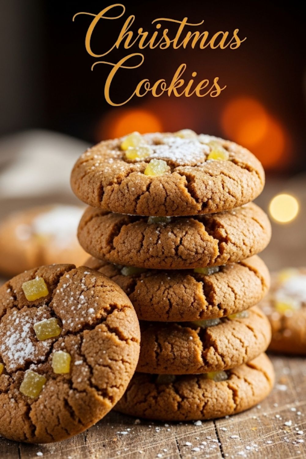 An eye-level shot of a stack of chewy ginger cookies on a wooden board with the words "Christmas Cookies" as a text overlay.