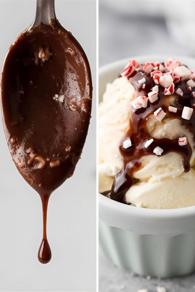 A two-part image showing a close-up of a spoonful of peppermint hot fudge sauce and a bowl of ice cream with the sauce drizzled over it.)