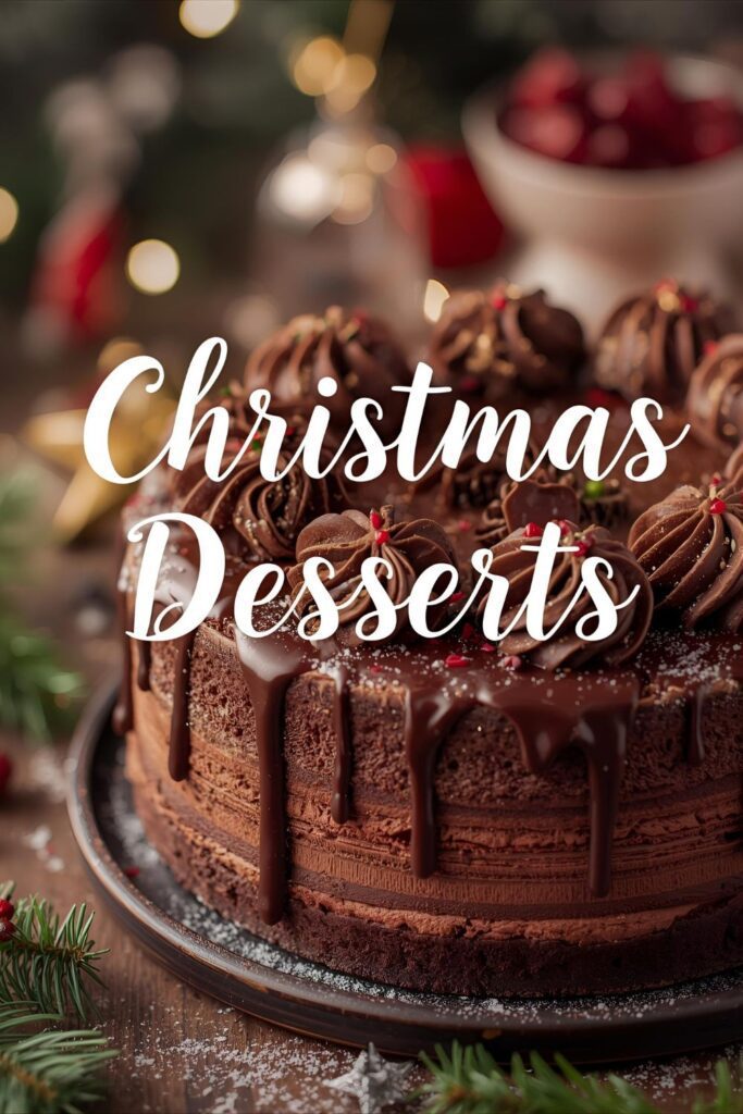A festive photo of a rich chocolate cake with a text overlay that says "Christmas Desserts".)