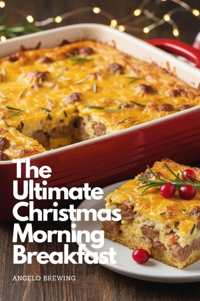 A recipe pin for Christmas morning recipes showing a baked sausage and hash brown casserole.