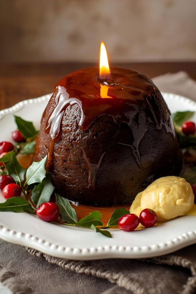 Two images: one full view of a flamed Christmas pudding on a festive platter, and one close-up of a sliced pudding showing its moist, fruity interior.