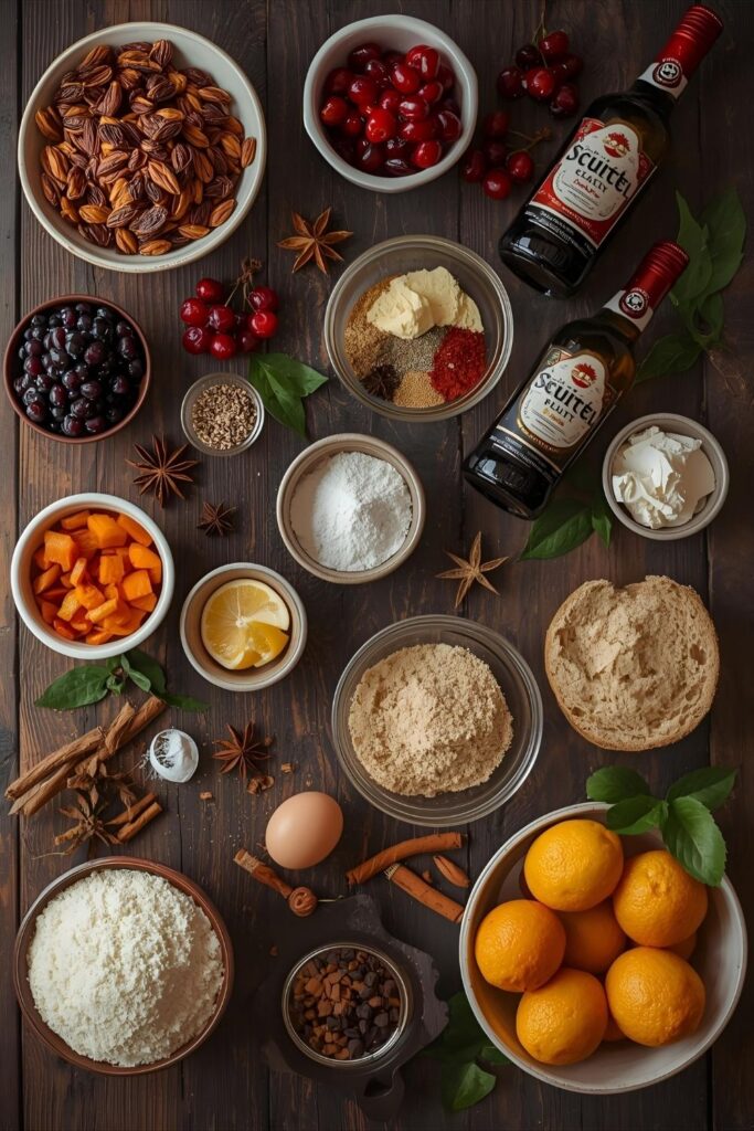Two images: one full view of a flamed Christmas pudding on a festive platter, and one close-up of a sliced pudding showing its moist, fruity interior.