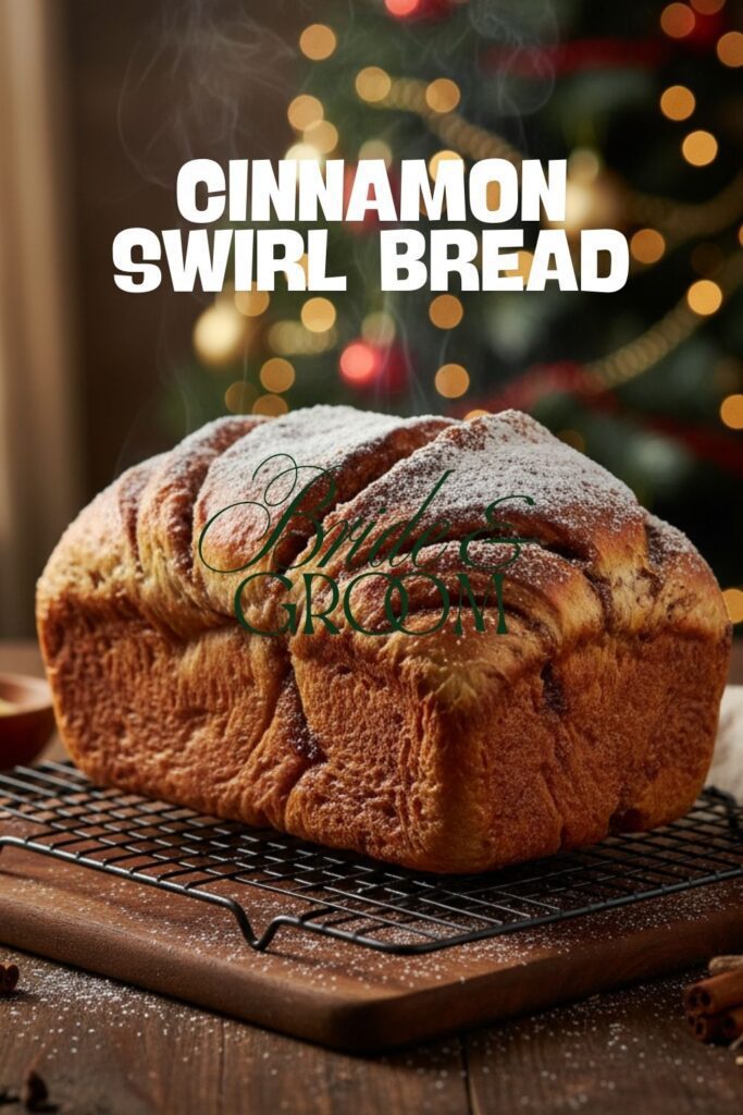 A close-up shot of a freshly baked loaf of cinnamon swirl bread on a cooling rack, with the words "Cinnamon Swirl Bread" in a bold, script font overlaid.