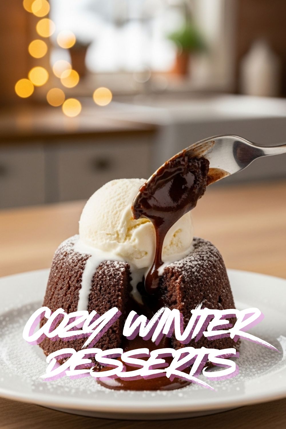A close-up shot of a baked molten chocolate lava cake with a text overlay that says "Cozy Winter Desserts".)