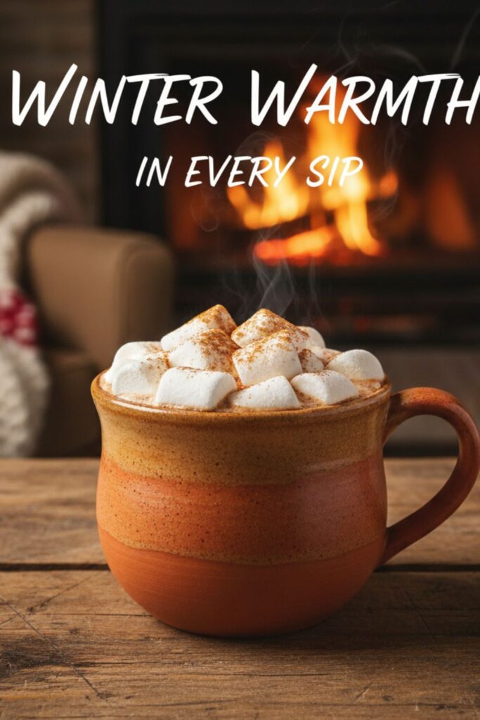 A mug of hot chocolate with marshmallows and the text "Cozy Winter Drinks" overlaid on a cozy winter background.