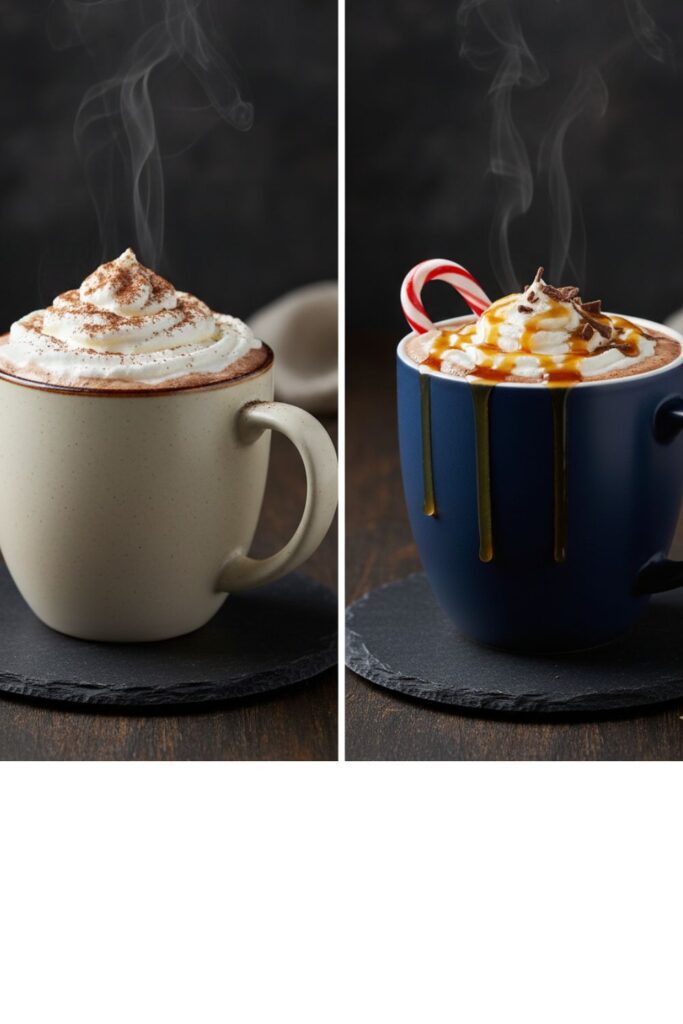Two different versions of a cozy winter drink, one with whipped cream and cocoa, and the other with a candy cane and caramel drizzle.