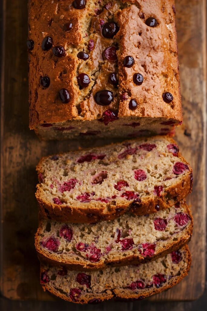 A close-up, top-down shot of a freshly baked loaf of cranberry bread on a rustic serving platter. The bread is sliced to show the moist interior and the beautiful, bright red cranberries. A few slices are pulled slightly apart, and the lighting is warm and inviting, highlighting the texture and detail of the bread. Professional food photography style, highly detailed.