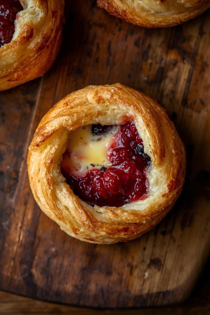 A close-up, top-down shot of a single cranberry brie bite, showing the flaky pastry and gooey melted brie and cranberry filling, on a rustic serving platter.