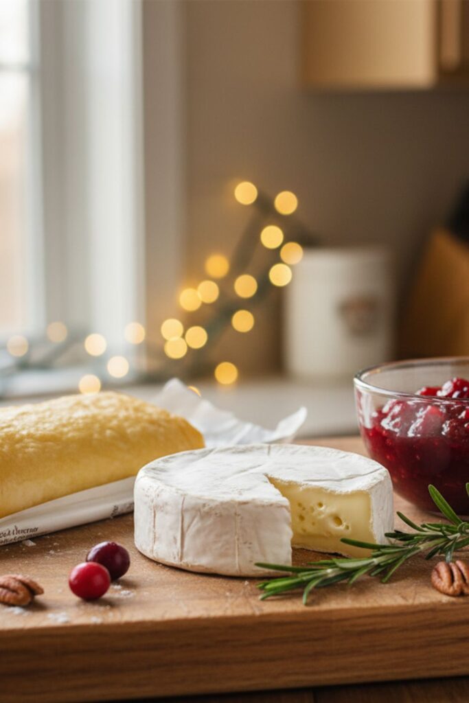 A collage of raw ingredients for cranberry brie bites, including brie, puff pastry, cranberry sauce, and rosemary