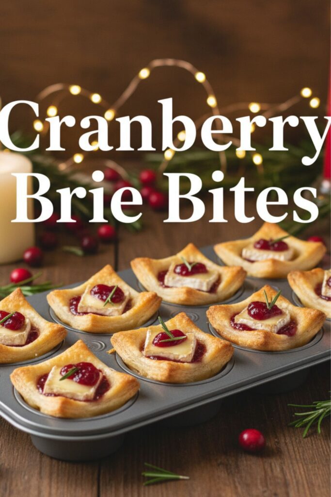 A stunning top-down shot of a mini muffin tin filled with perfectly baked cranberry brie bites, with the words "Cranberry Brie Bites" in a clean, modern font overlayed on top.