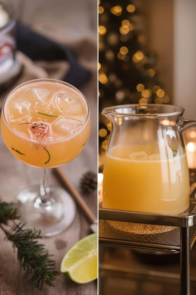 A two-part image showing a close-up of a single cocktail and a full pitcher of the pre-mixed drink.)