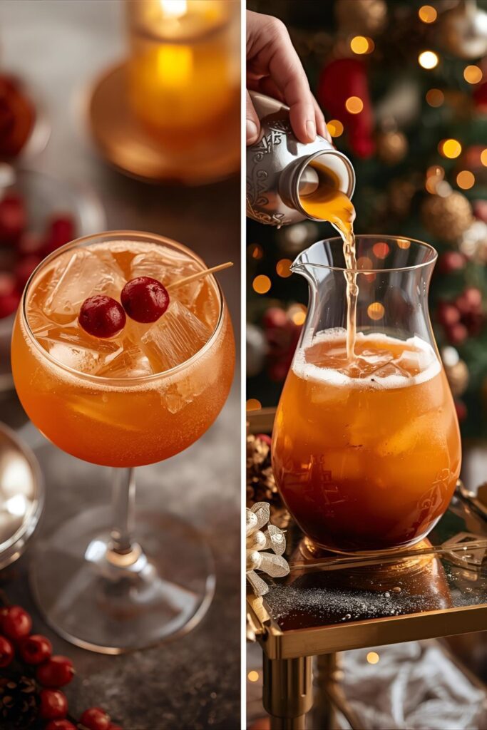 A two-part image showing a close-up of a single cocktail and a full pitcher of the pre-mixed drink.)